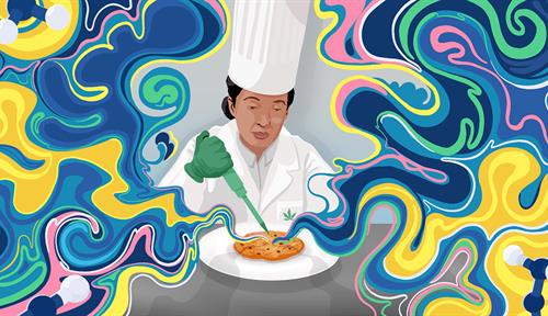 Conceptual illustration shows a woman in a chef’s hat and white coat that has a marijuana leaf on the pocket. She’s wearing gloves and pipetting something onto a chocolate chip cookie on a plate. Swirls of blue, yellow, pink and green, with molecules floating within, waft from the cookie.