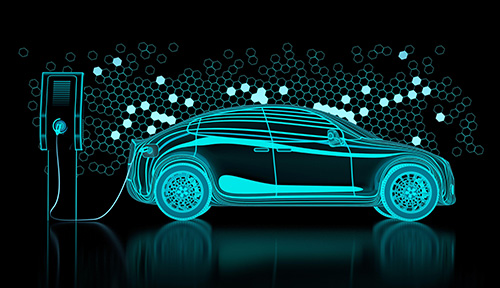 Cartoon-style illustration of a snazzy, turquoise electric car being fueled up. The background is black with a lot of hexagons on it.