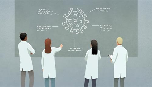 An illustration shows four scientists in white coats standing in front of a blackboard. There is an image of the Covid-19 coronavirus on the board with scribbles around it. The scientists are looking at it. One is holding a clipboard. Another is pointing to the image.