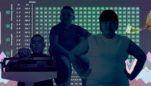 Collage juxtaposes silhouettes of overweight people with unlabeled graphs, a BMI (height-weight ratio) chart, scale and measuring tape.