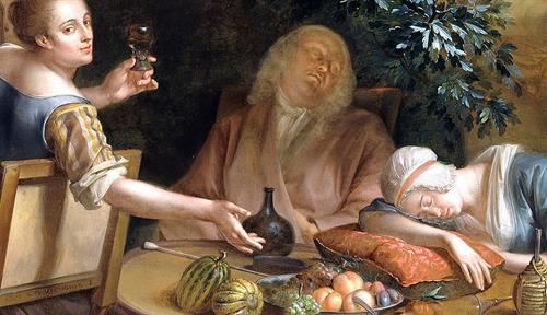 Oil painting of a group of people around a table in a garden. One of the women is fast asleep, leaning on the table. They are drinking. There is food on the table.