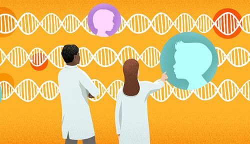 An ilustration shows two scientists wearing lab coats looking at strands of DNA; the faces of children are superimposed on some spots along the DNA strands.