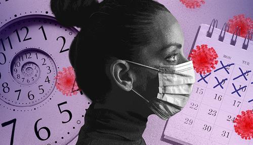 Conceptual illustration shows an image of a woman wearing a surgical mask with symbols of time passing without relief, as well as red blobs that look like virus particles.