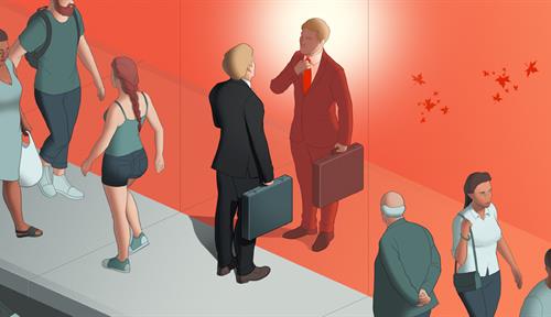 Illustration shows a man in a suit holding a briefcase on a busy city sidewalk. He is looking at his own reflection.