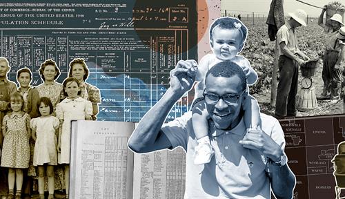 A photo collage of black-and-white pictures of different families interspersed with population charts, census data books and maps.