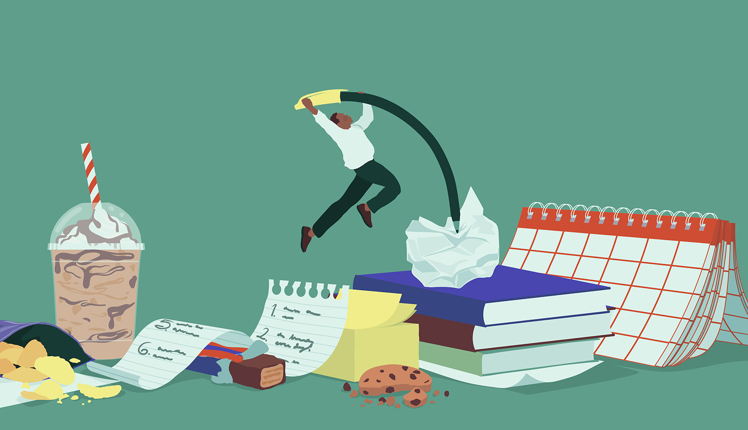 Conceptual illustration shows a person vaulting over a book and calendar away from bad habits and poor willpower, as depicted by unhealthy food and money and scrunched-up paper.