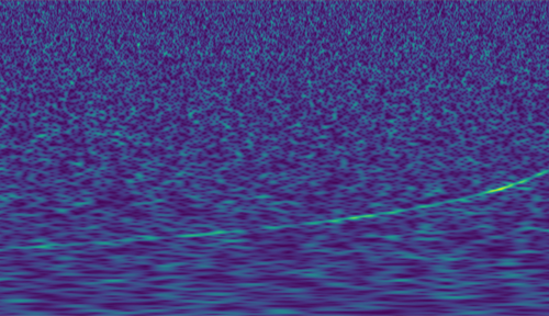 Spectrogram shows a subtle, curved signal discernible from background noise.