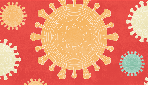 Image of several coronaviruses floating on a red background