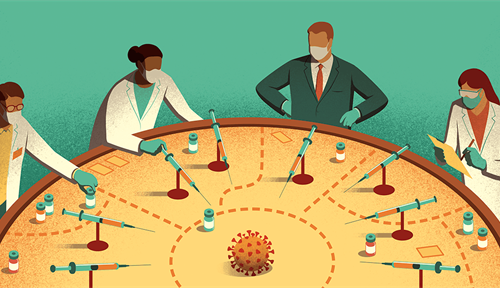 A conceptual illustration shows four individuals, three in white coats and all wearing masks, working at a circular table. A set of syringes points to the middle of the table. In the center is a large, blobby coronavirus particle.