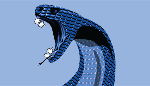 Illustration showing the head of a cobra preparing to strike. The mouth is agape, showing Facebook “like” icons where fangs should be.