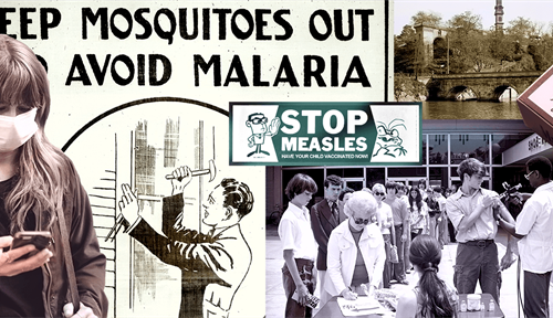 A collage of public health wins includes public service announcements about measles and malaria and photos of people wearing masks and getting shots.