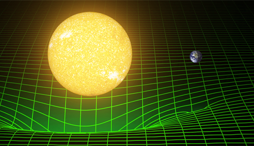 Illustration shows how the mass of a large star warps the flat geometry of spacetime, illustrated as a contoured space.