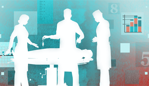 Collage shows a silhouette of surgeons working on a patient, surrounded by graphics denoting measurement and ratings.