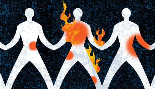 Conceptual illustration showing a set of linked, papercut human figures, each with differing red areas on parts of their bodies — and in some cases, flames — to signify pain.