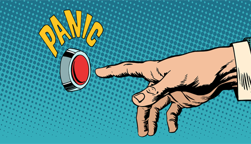 A cartoon representing a stressed person shows a finger about to hit the panic button.