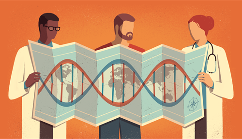 Illustration of scientists studying a world map with superimposed DNA double-helix.